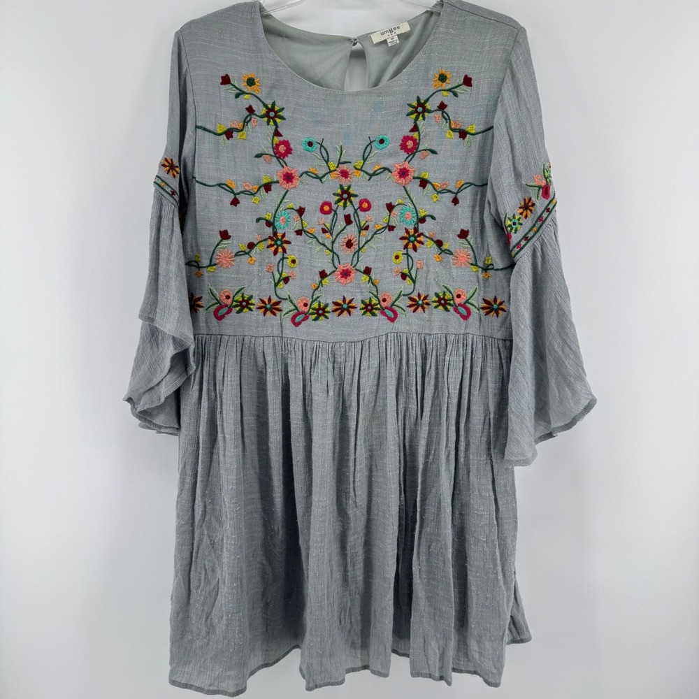 Umgee Mini Dress Babydoll Womens Medium Gray Floral Embroidered Bell Sleeve Boho